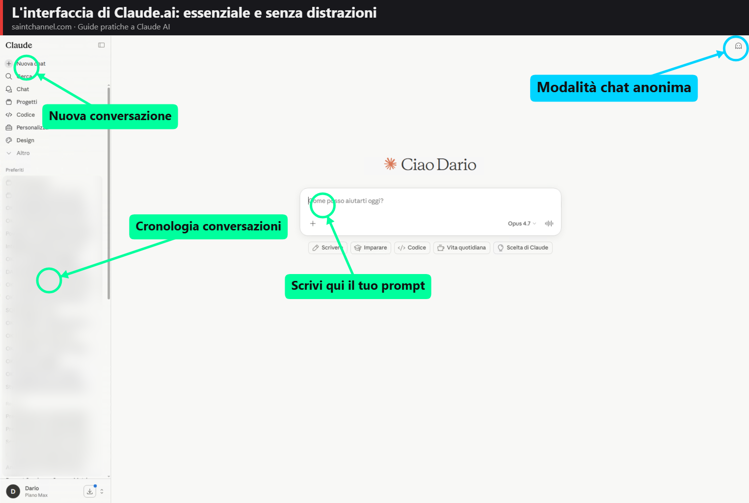 Interfaccia principale di Claude.ai con la barra di input e la cronologia conversazioni
