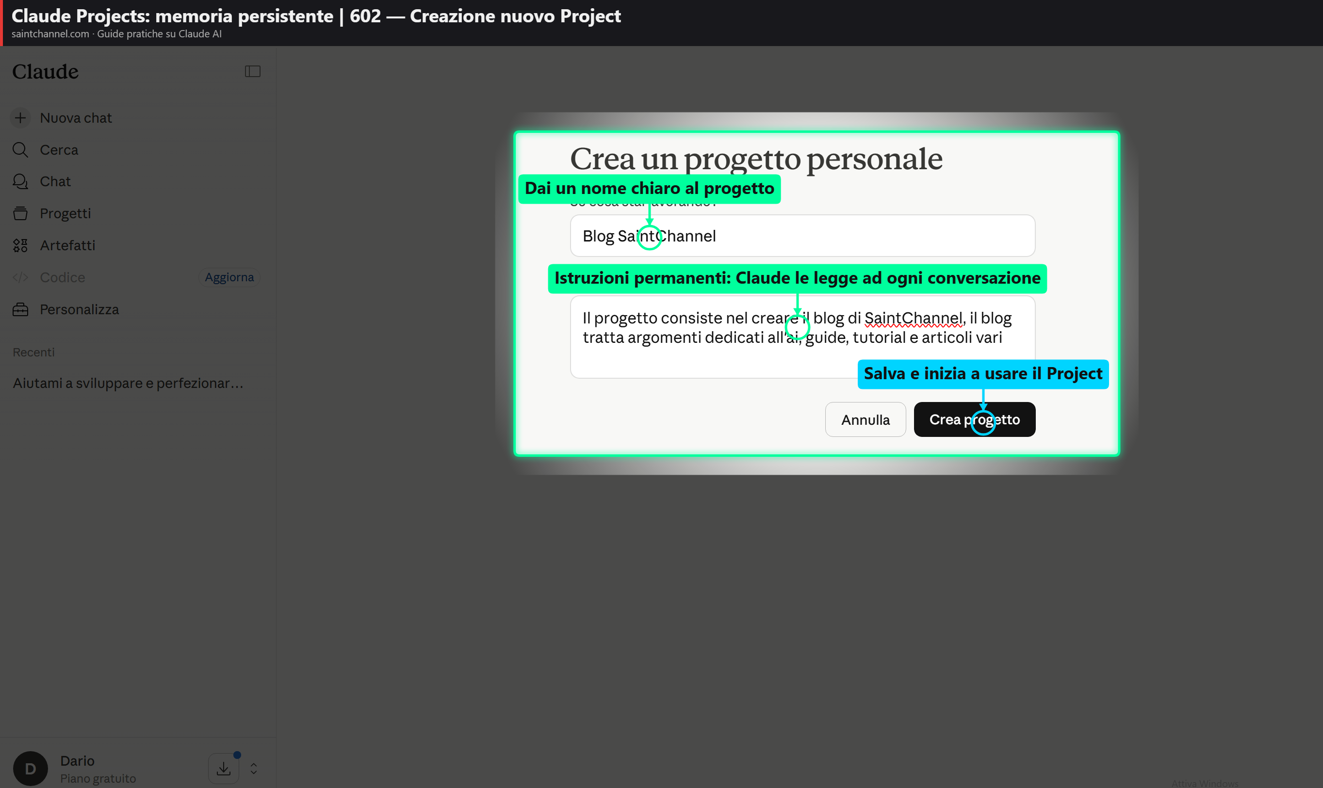 Interfaccia di creazione di un nuovo Project in Claude