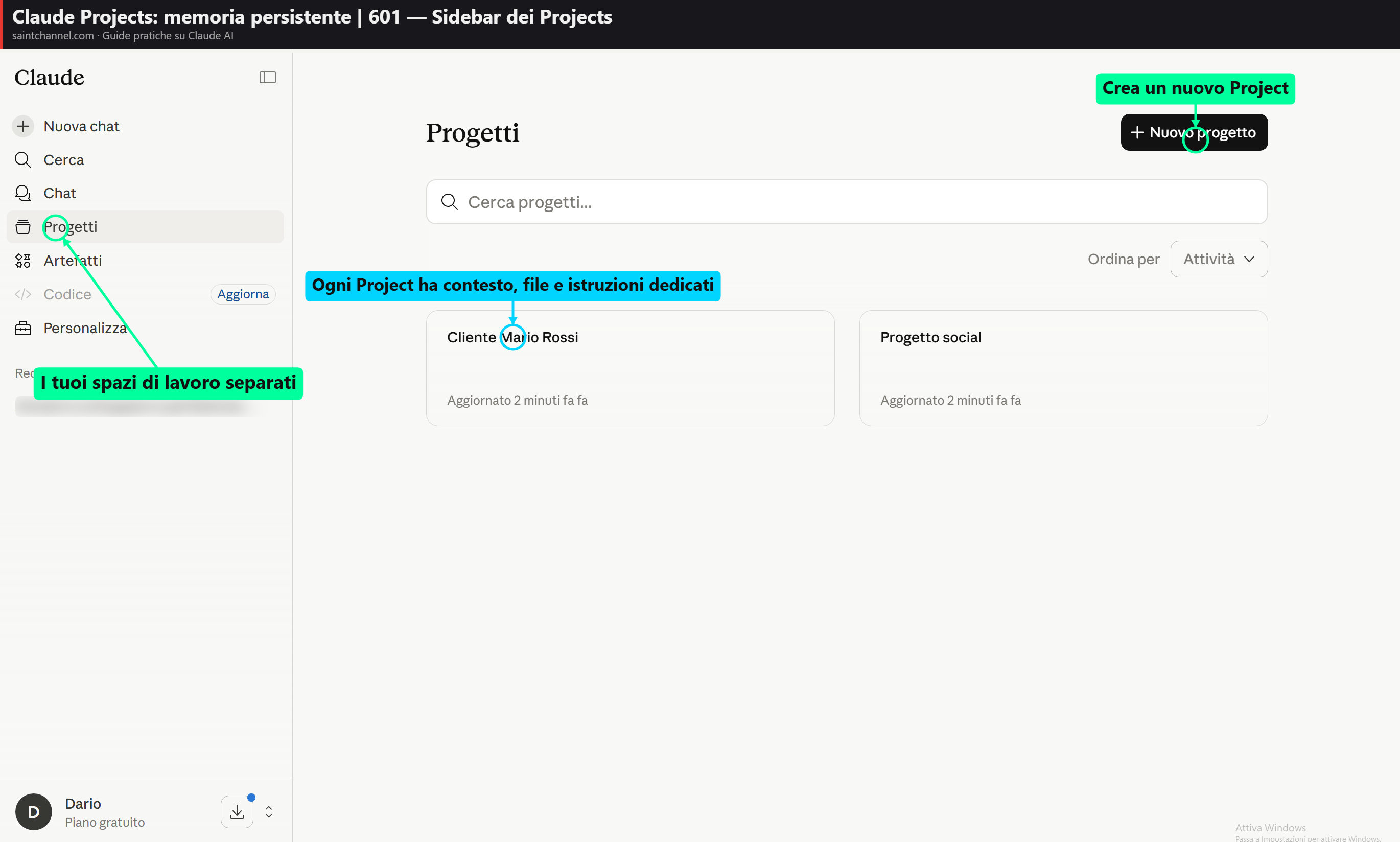 Interfaccia Projects di Claude con lista progetti