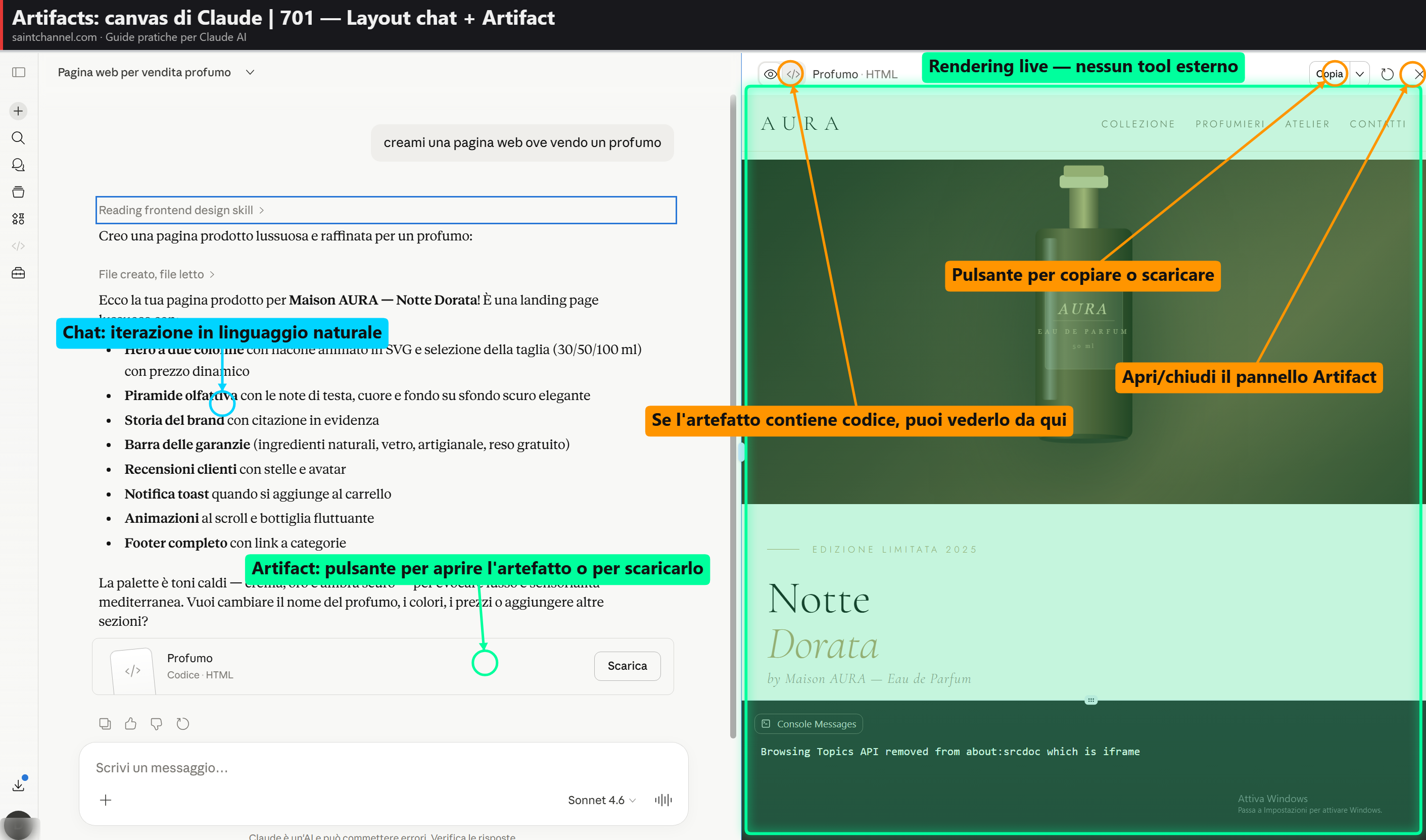 Interfaccia Claude con Artifact panel aperto a destra che mostra una pagina HTML