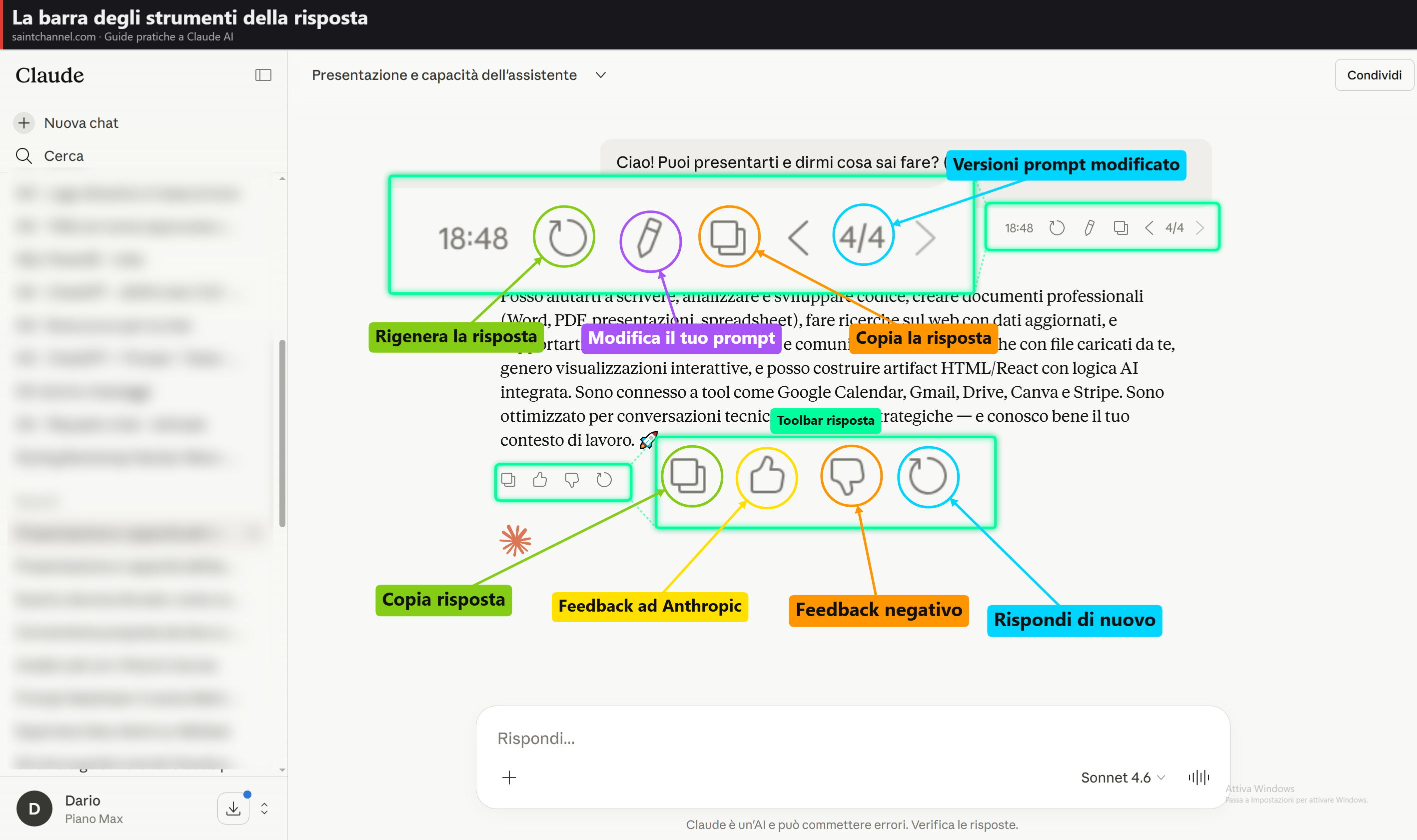 Barra degli strumenti sotto una risposta Claude con icone copia, pollice su/giù, modifica