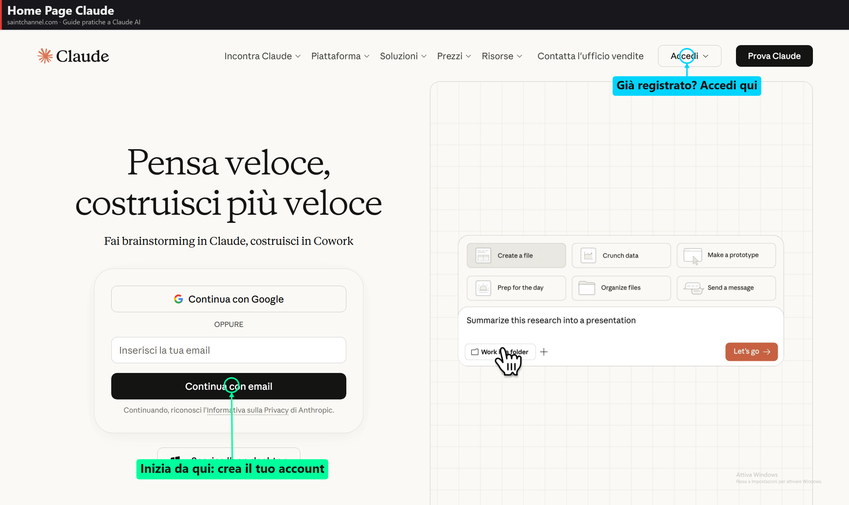 Homepage di Claude.ai con il pulsante Sign Up